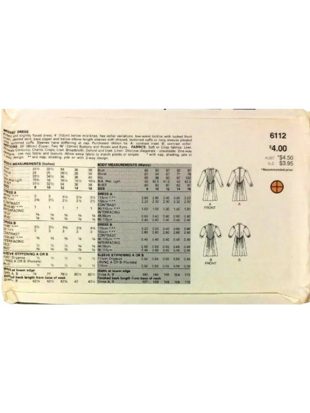 Vintage Butterick 6112 Misses Dress Sewing Pattern Sz 10 Kathryn Conover Design